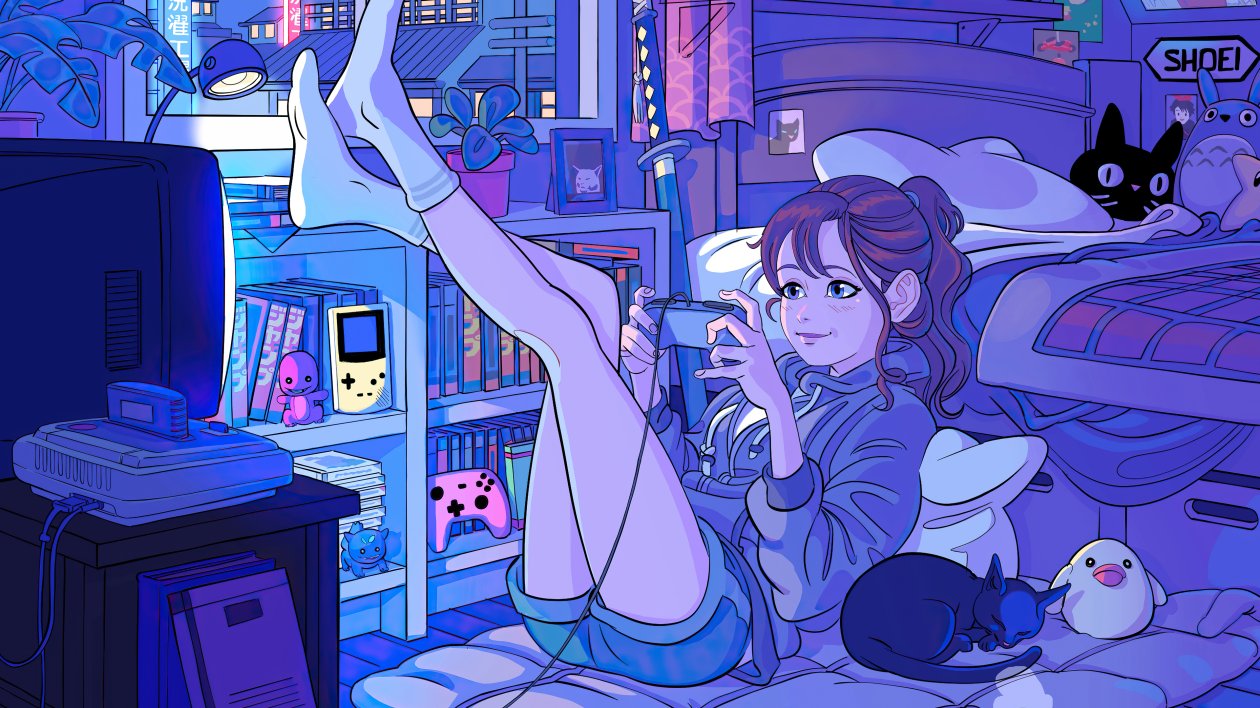 Anime Girl Playing Games In Her Room