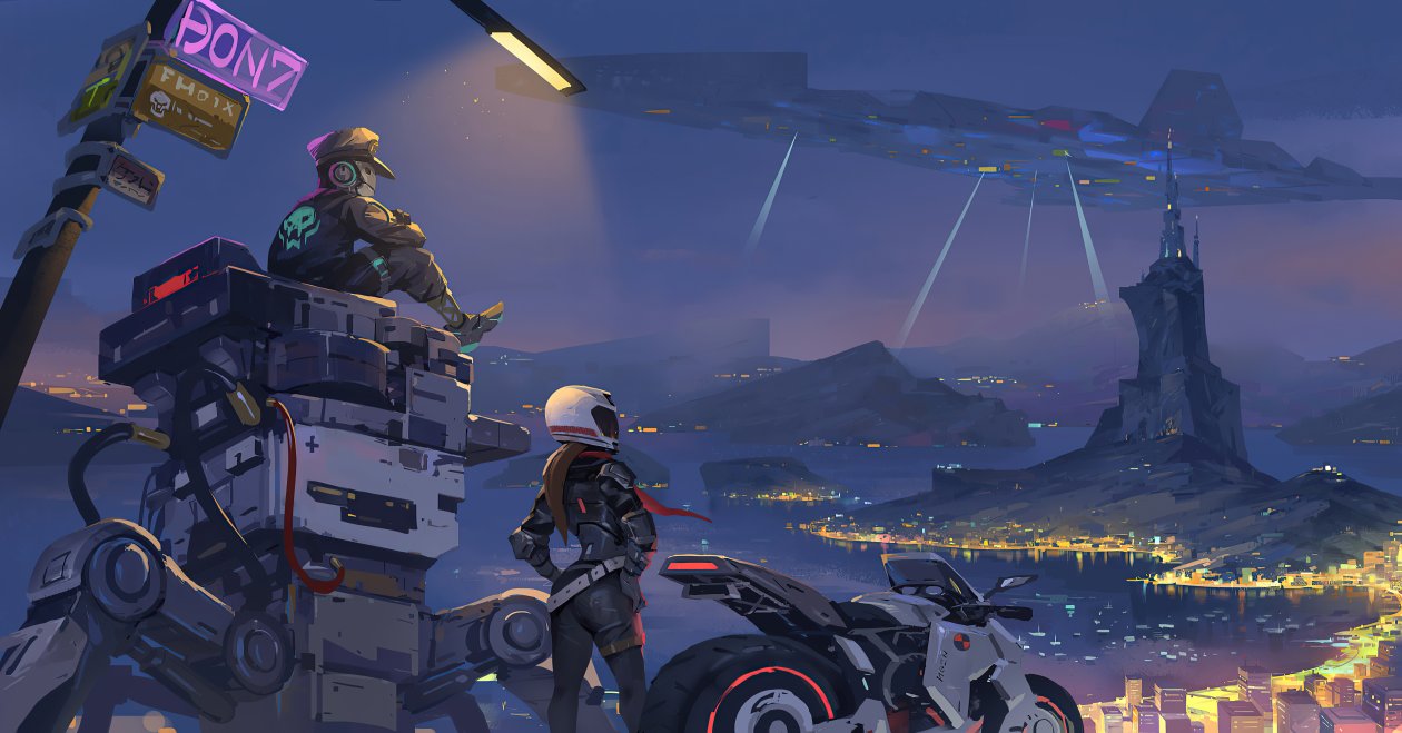 Biker Girl With Little Robot Friend Cyber City