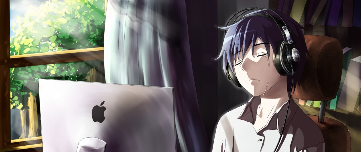 Anime Boy Crying In Front Of Apple Laptop