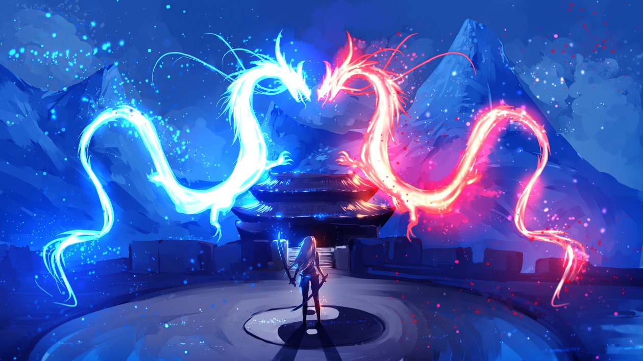 Dragon Red Blue Colorful Art 4k