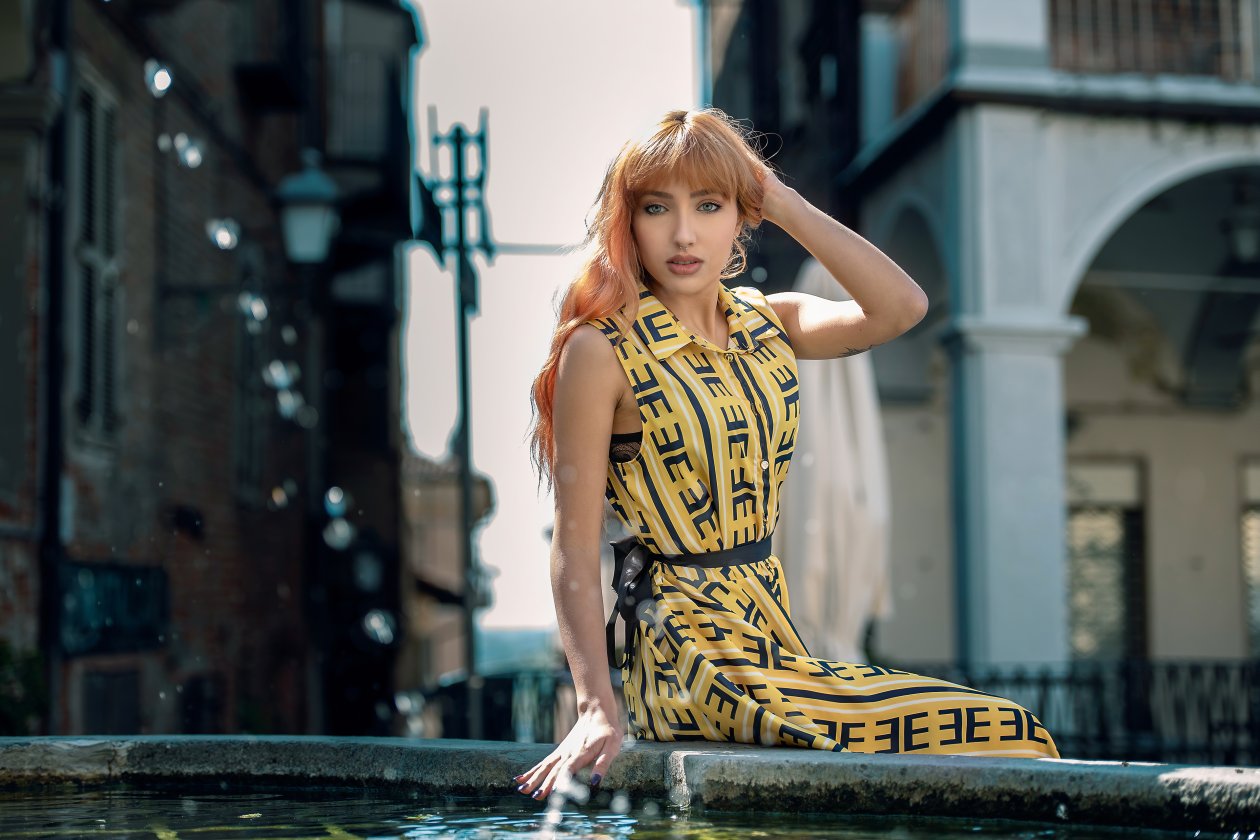 Red Head Girl Hands In Hair Yellow Dress 4k