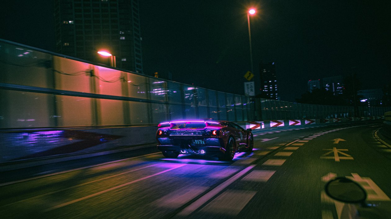 Lamborghini Neon Lights On Road 4k