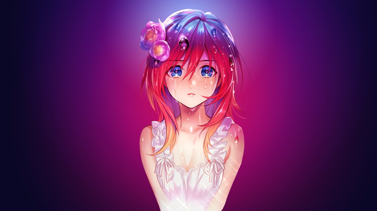 Anime Girl Water Drops Red Head Blue Eyes