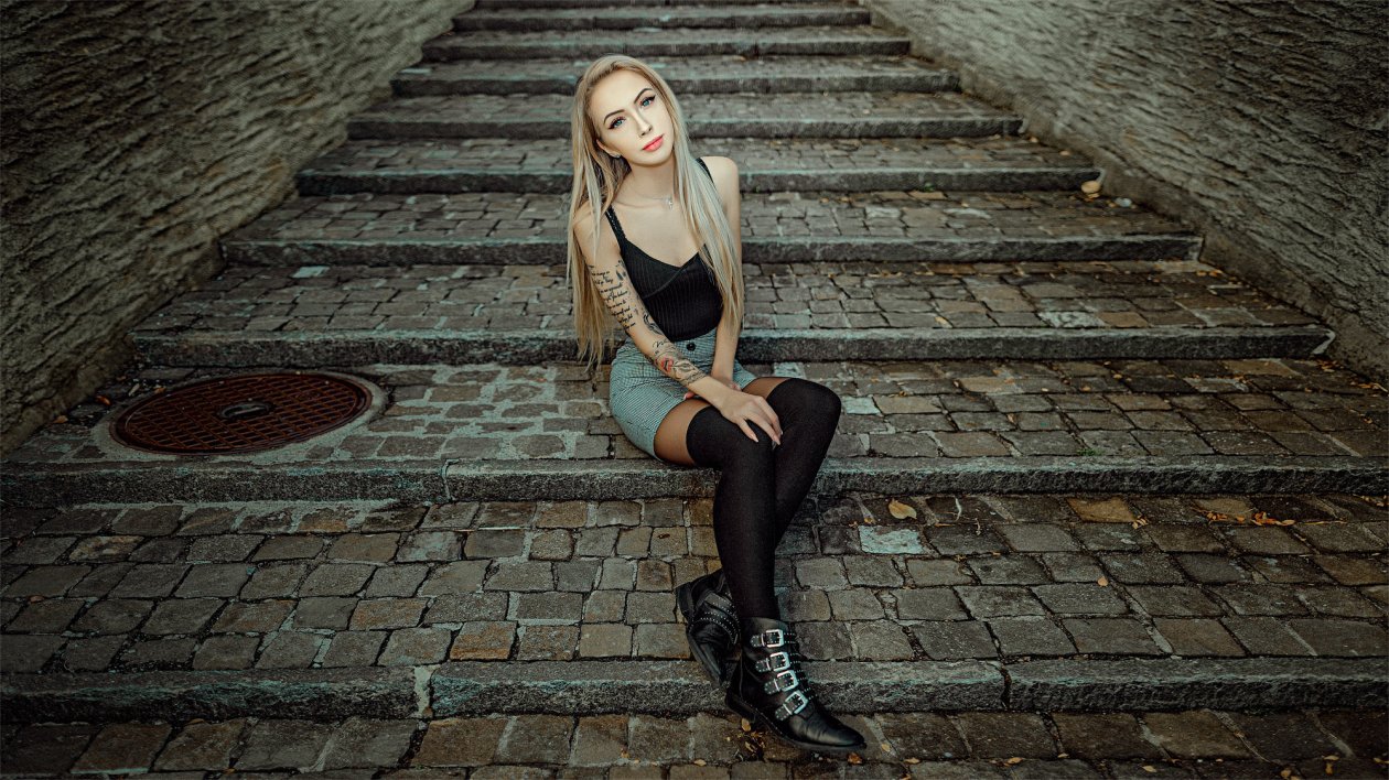 Blue Eyes Girl Sitting Long Hair