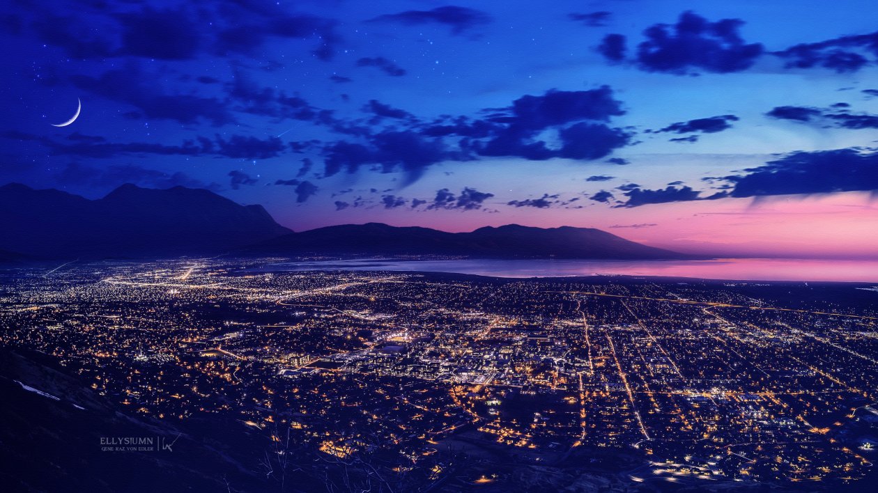 City Dreamscape Lights Night Moon Mountains