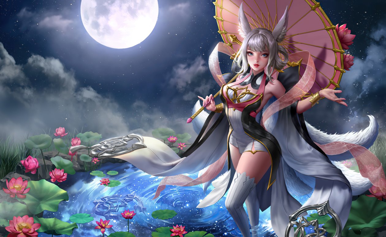 Anime Girl Water Lilies Moon 4k