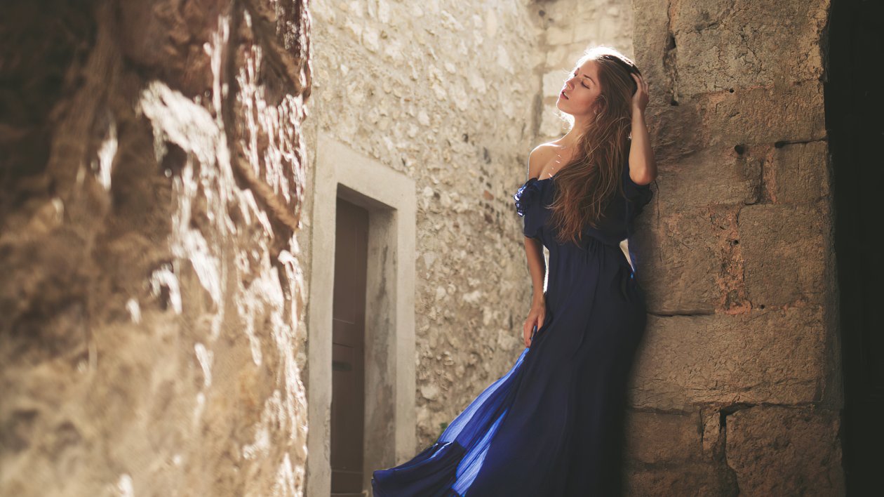 Girl Blue Dress Hands In Hair 4k