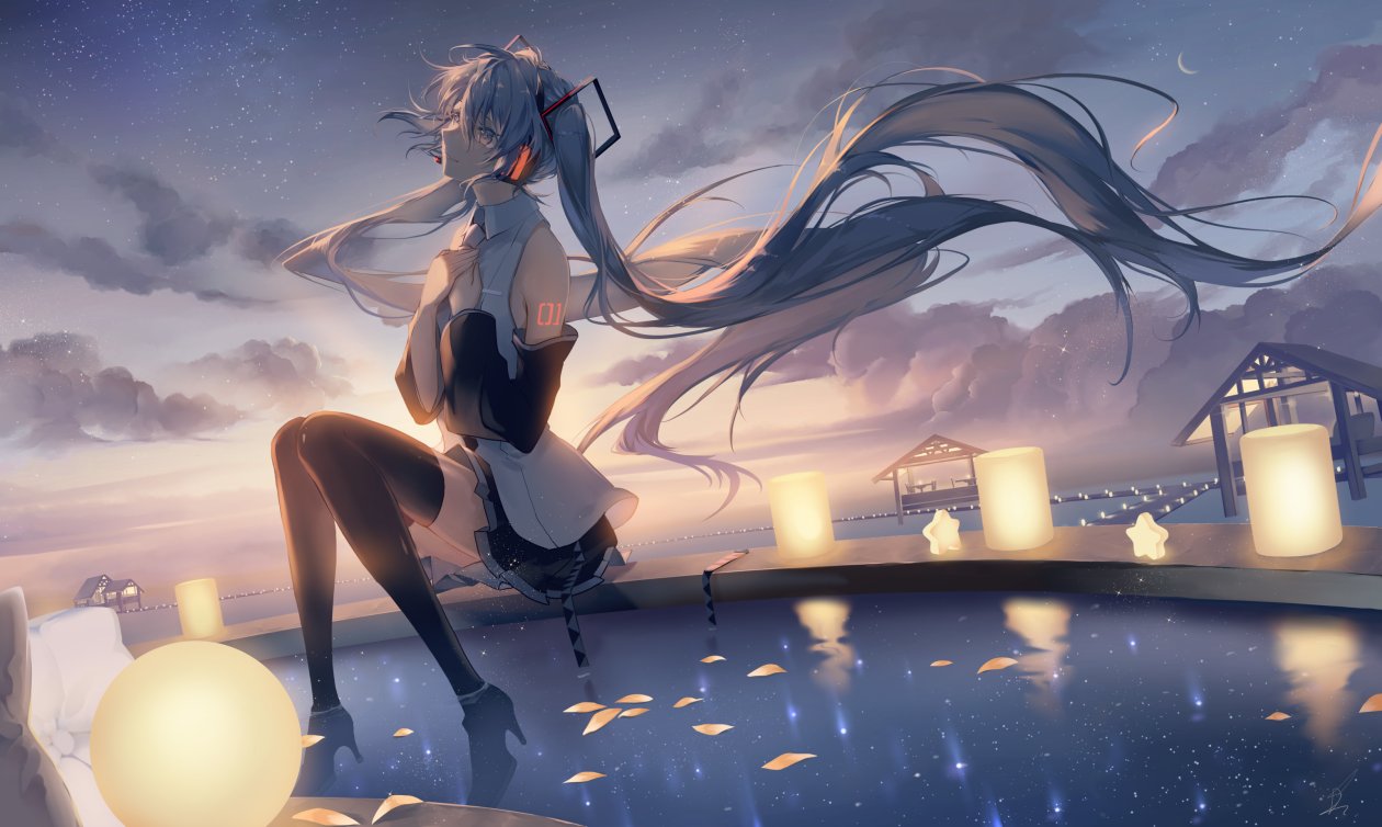 Hatsune Miku Anime Girl Headphones Looking Away Sunset
