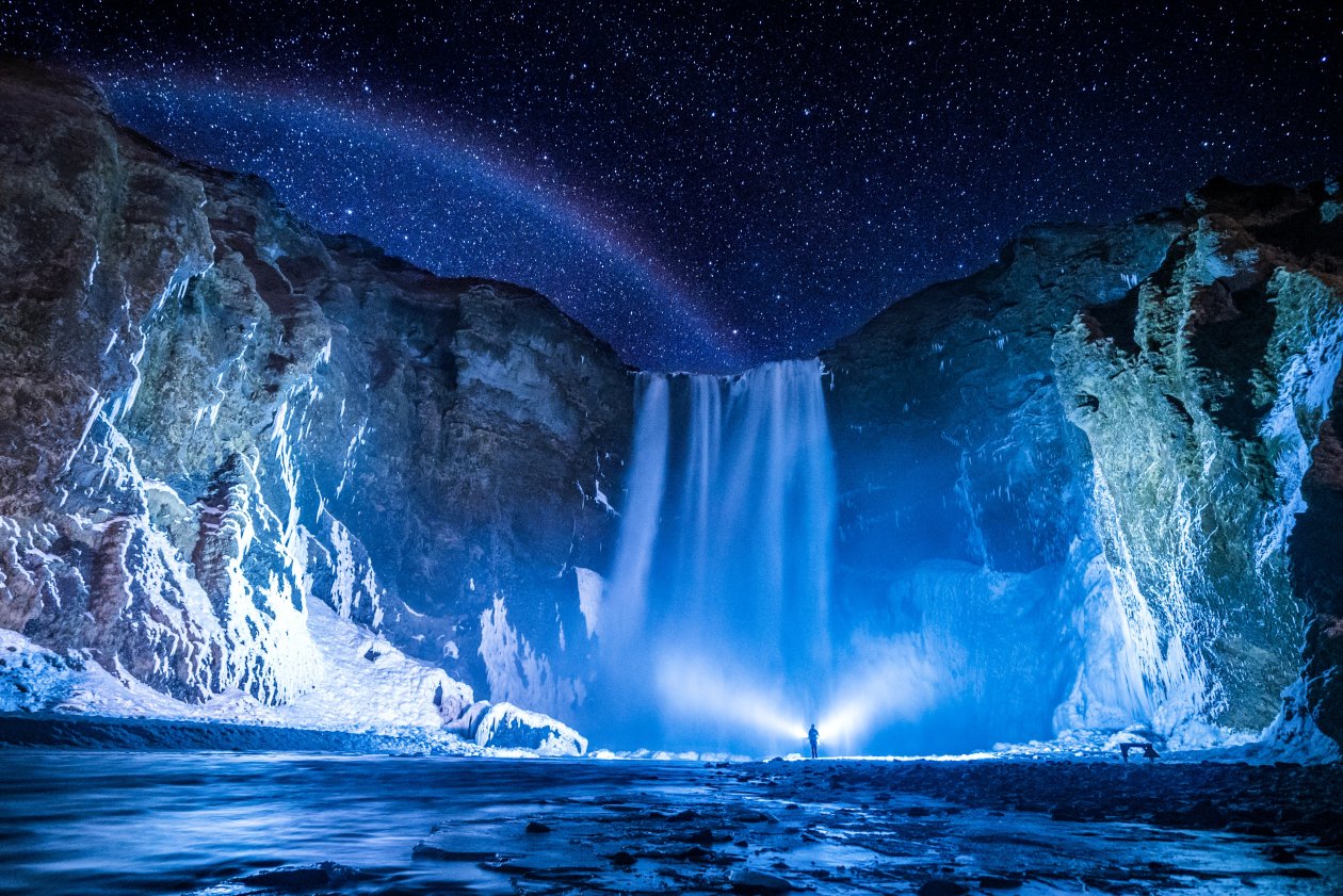 Person Waterfall Night