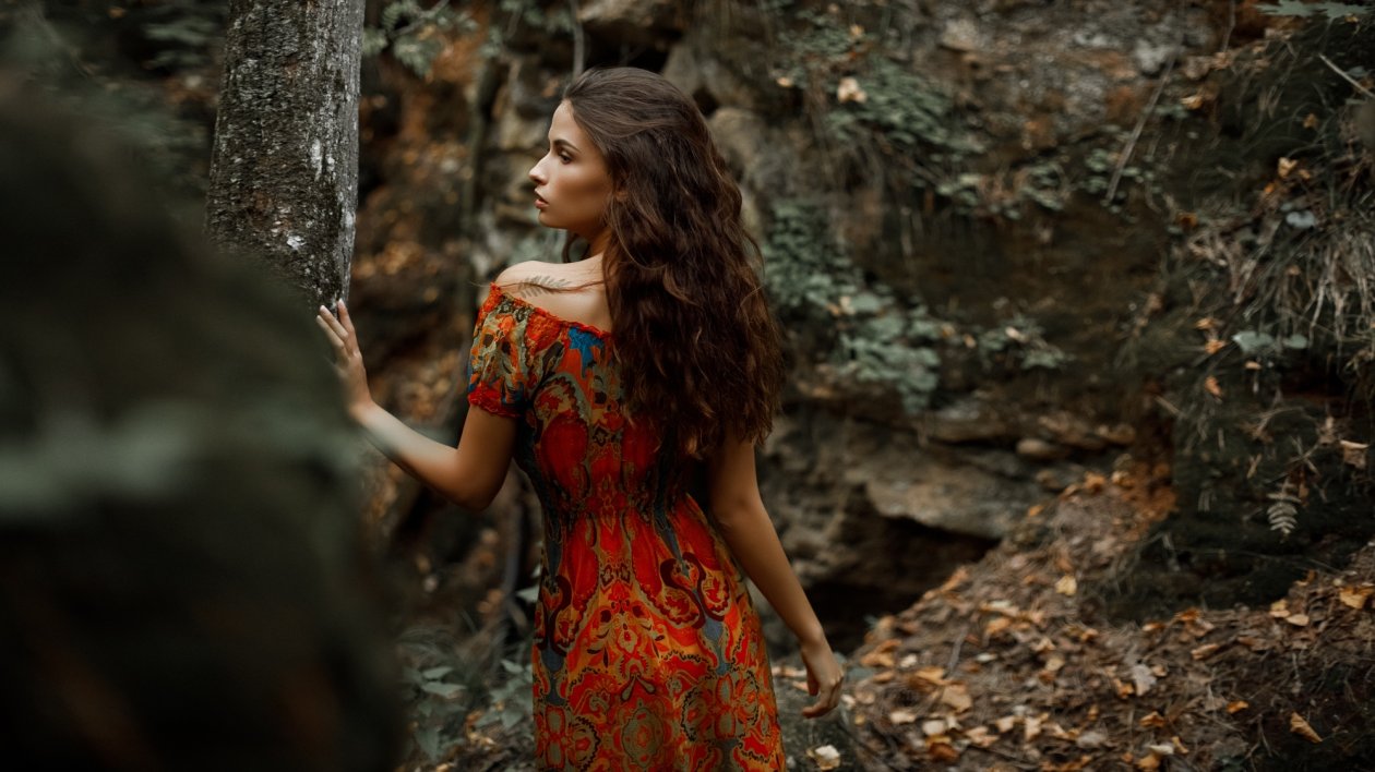 Brunette Looking Away Forest In Depth Of Field
