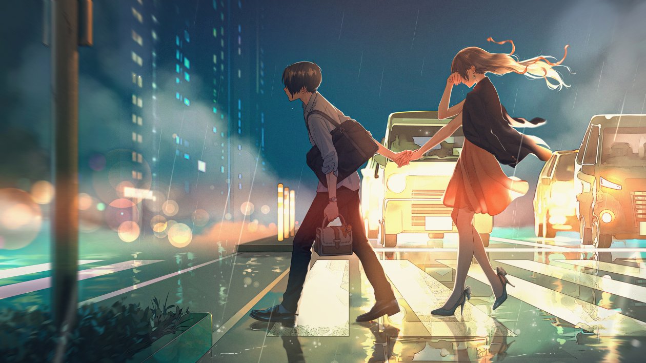 Anime Couple Passing Road
