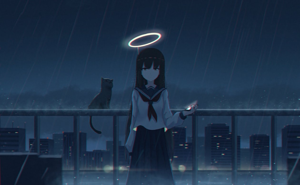 Angel Anime Girl School Uniform Cat Rain
