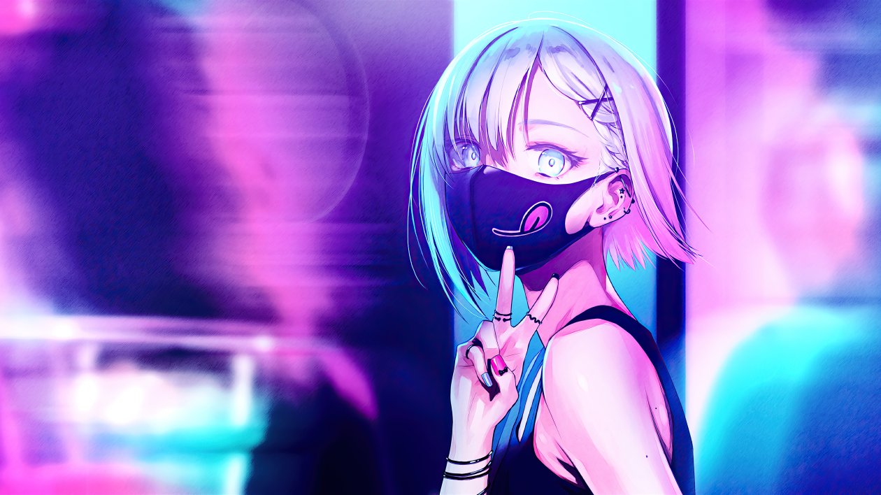 Anime Girl City Lights Neon Face Mask 4k