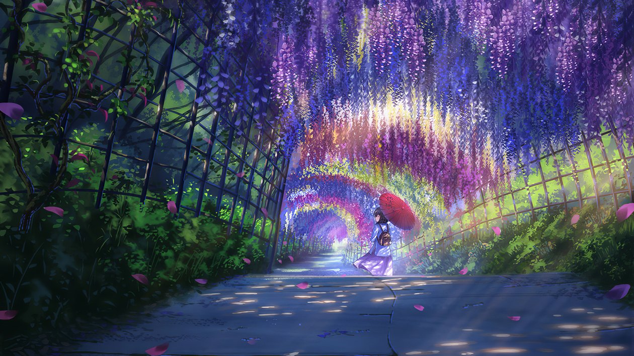 Anime Girl In Wisteria Park With Umbrella