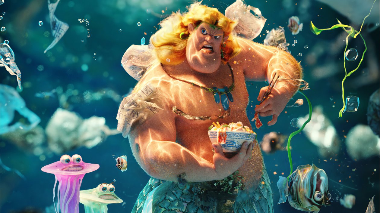 A Merman Trying To Eat In A Plastic Polluted Ocean