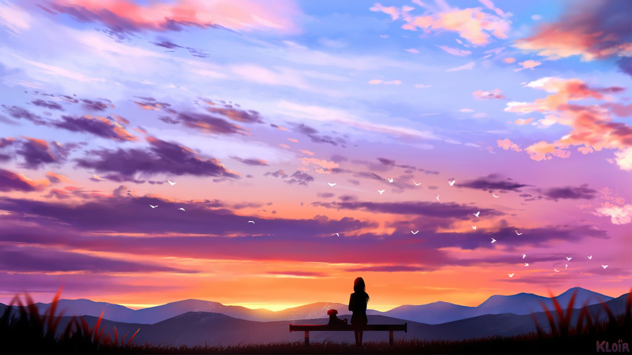 Sitting With Dog On Bench Looking At Sunset