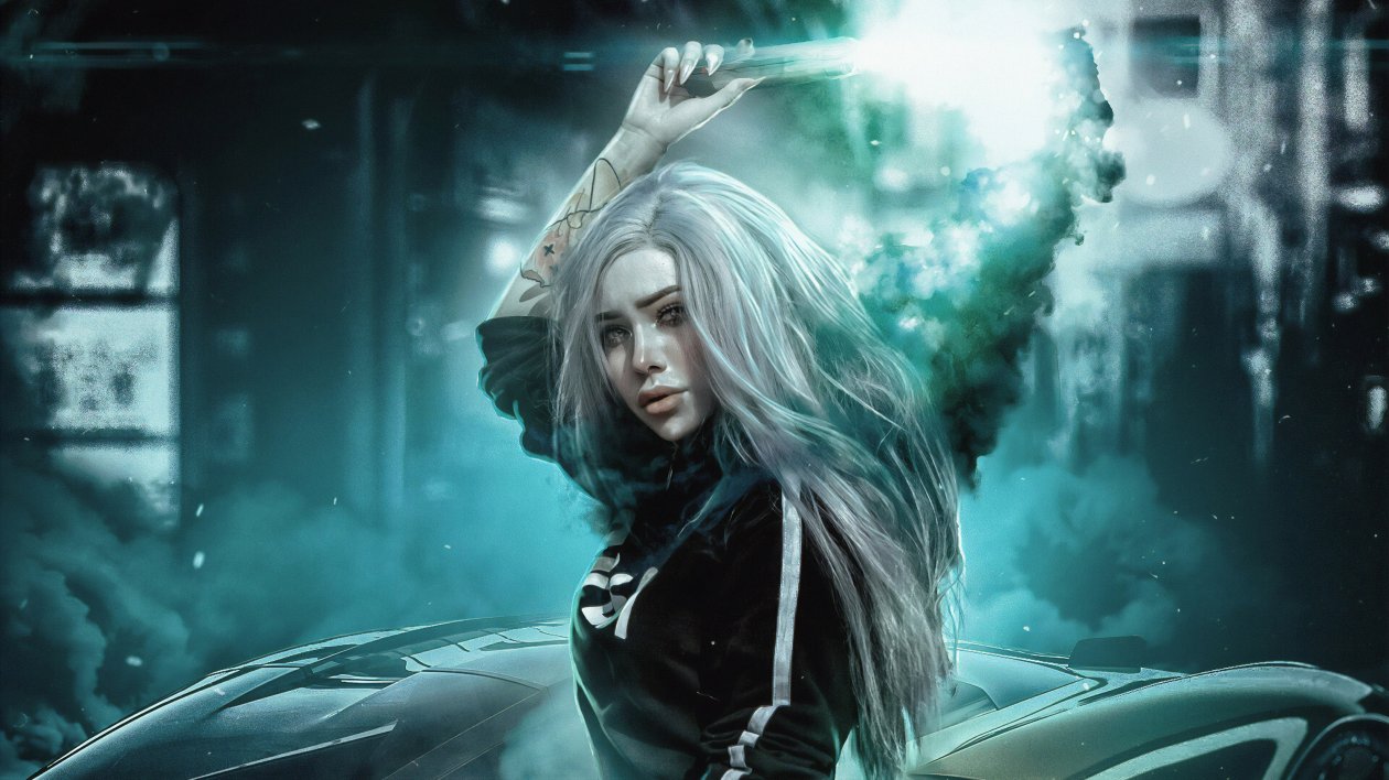 Cyberpunk Girl With Cars And Smoke Bomb