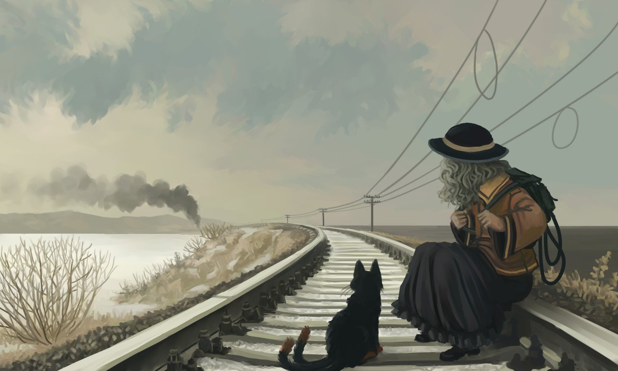 Anime Girl With Cat On Railroad