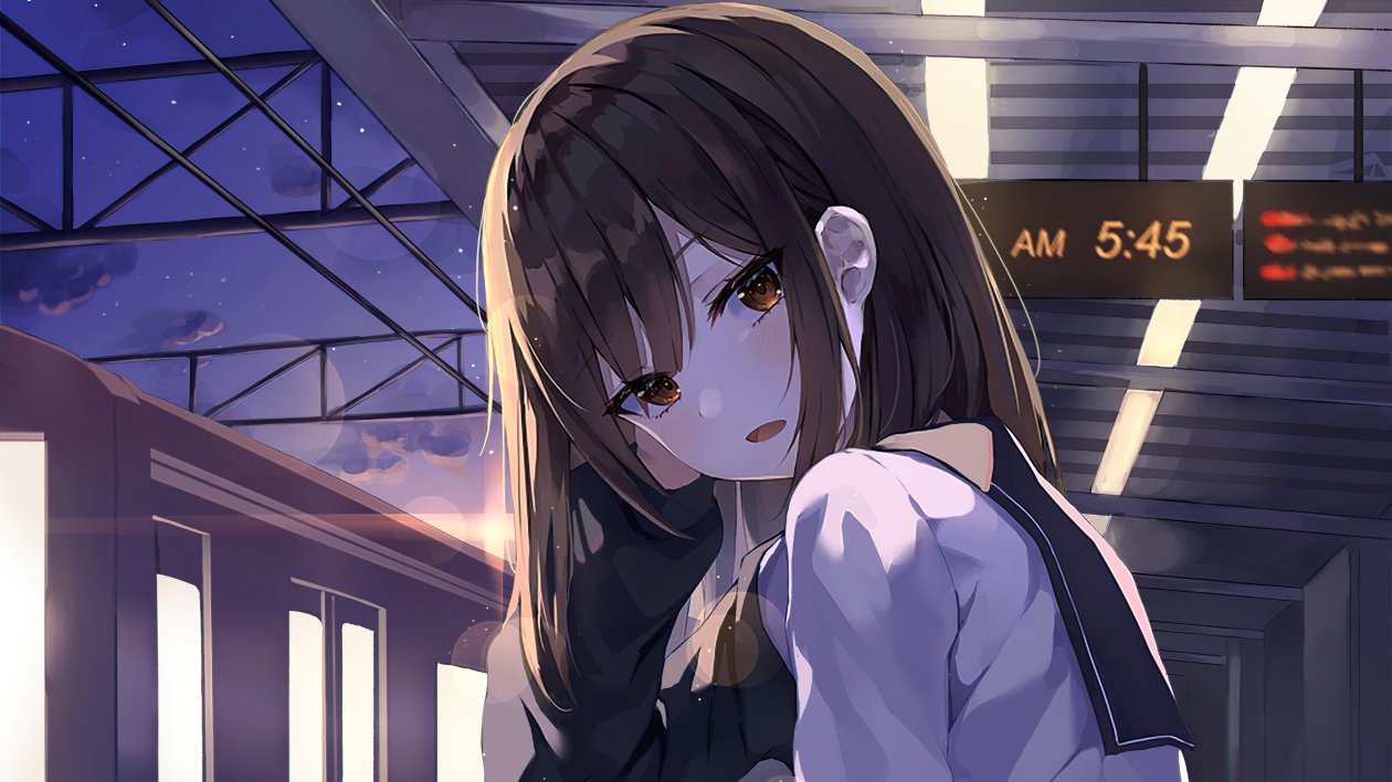 Anime School Girl Sitting In Train Platform 4k