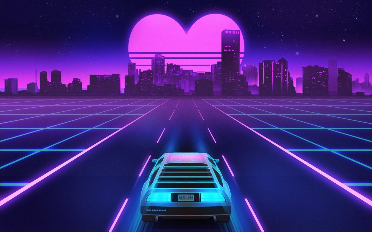 1980s Delorean Vaporwave Heart Shape Sunset