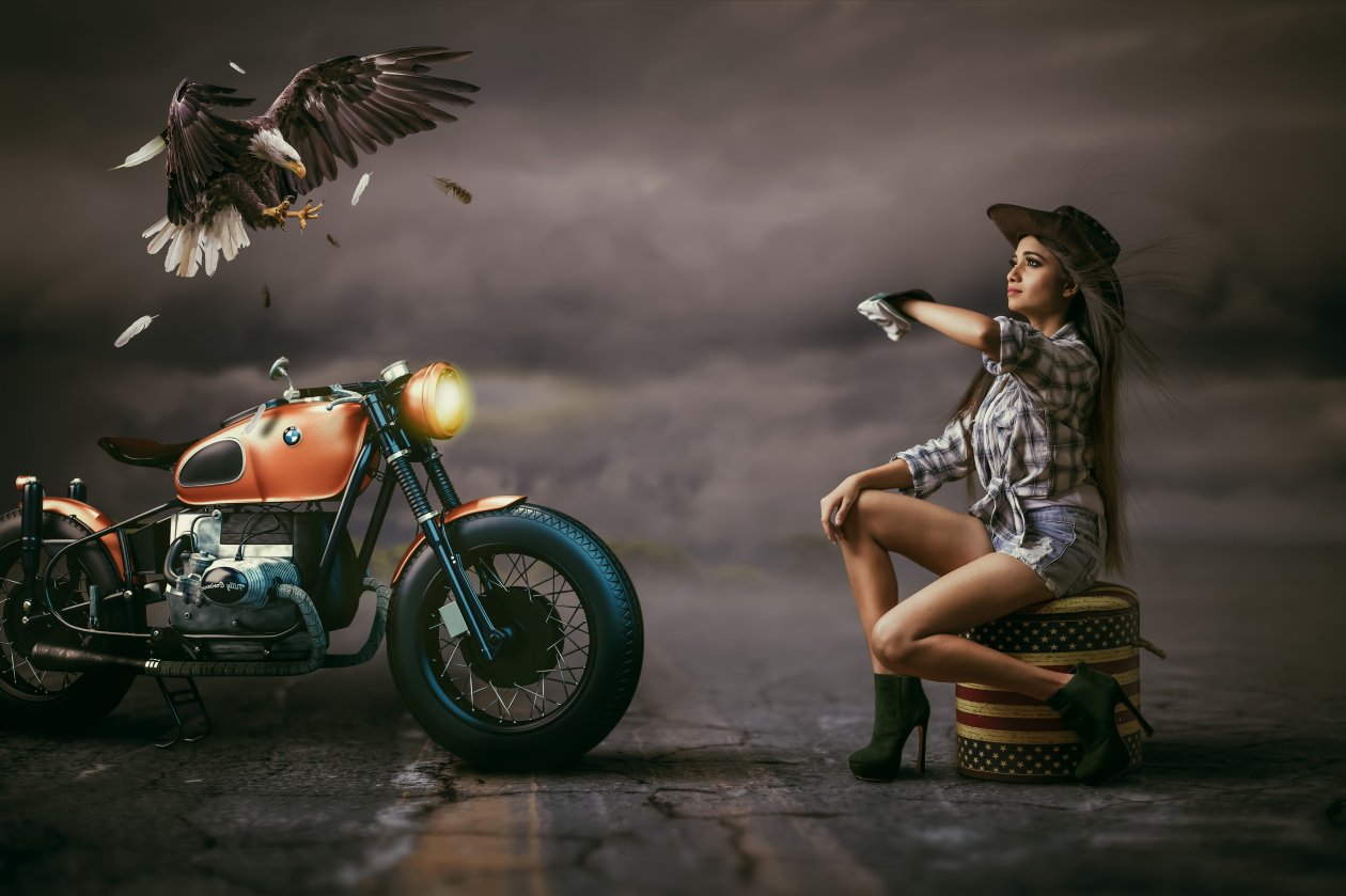 Beautiful Woman Cowgirl Hat Alongside With Bmw Bike Eagle