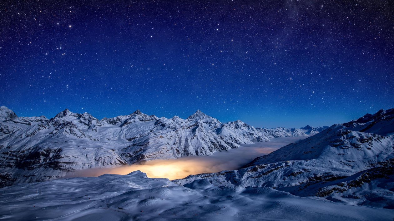 Starry Night Snow Covered Mountains 4k