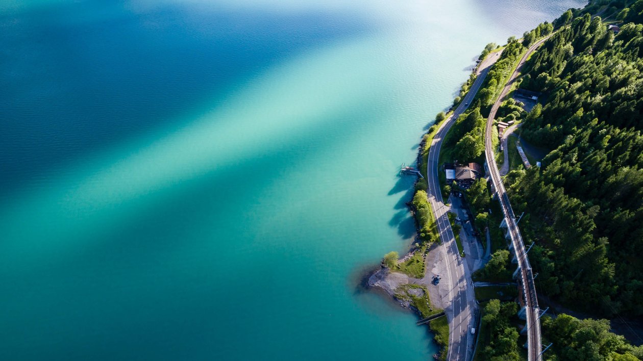 Landscape Road Water Trees 4k