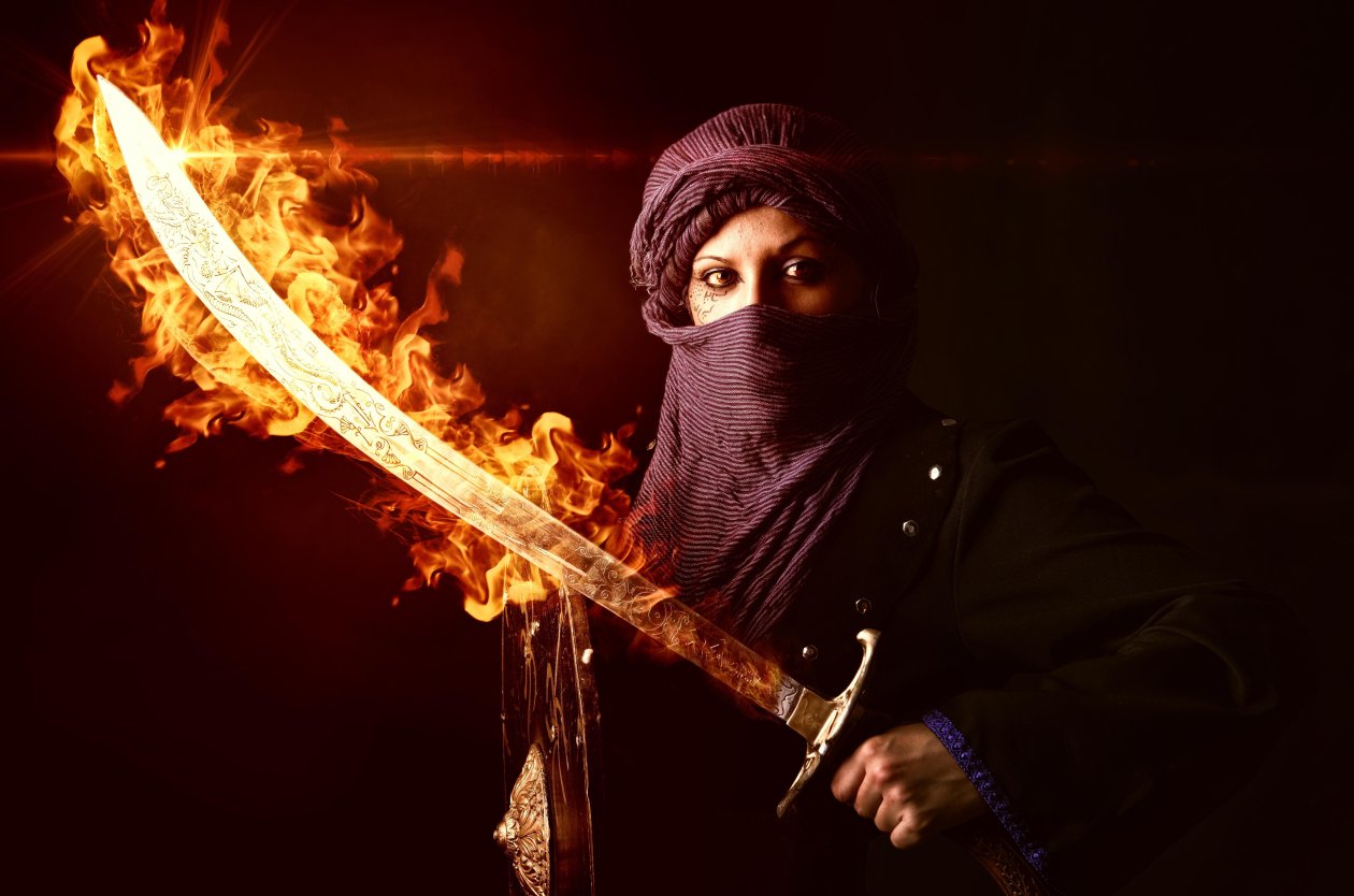 Warrior Women With Burning Sword 8k