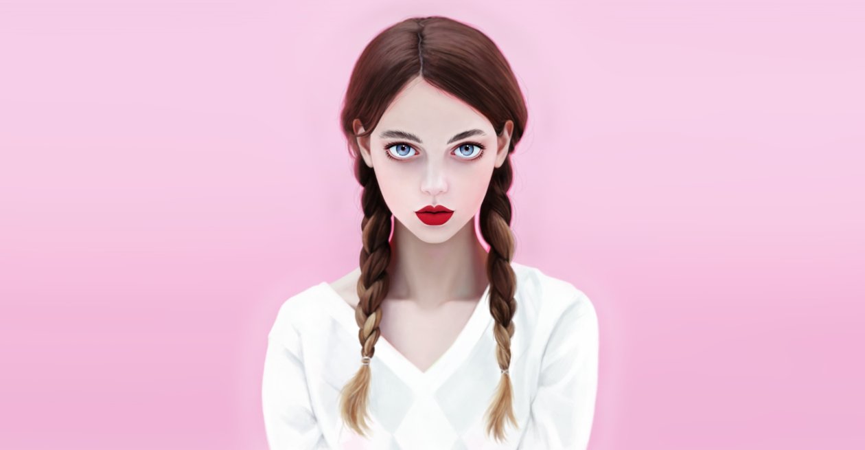 Brunette Red Lipstick Blue Eyes Face With Braids
