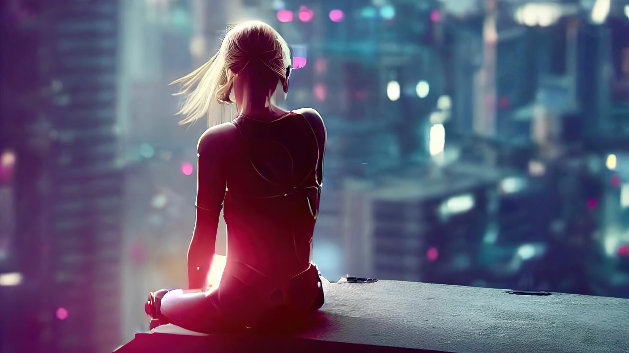 Cyberpunk Girl On Rooftop Ledge