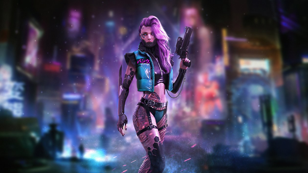 Cyberpunk Tatto Girl With Guns 4k