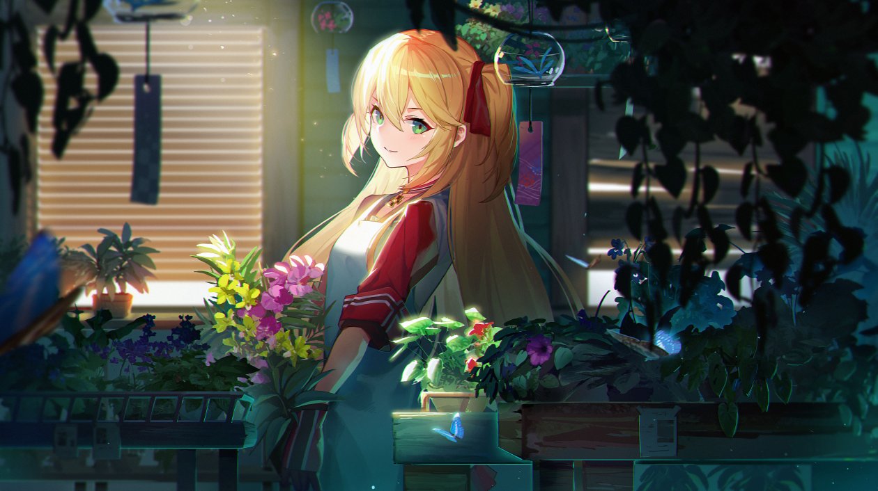 Anime Flowers Blonde Twintails Girl