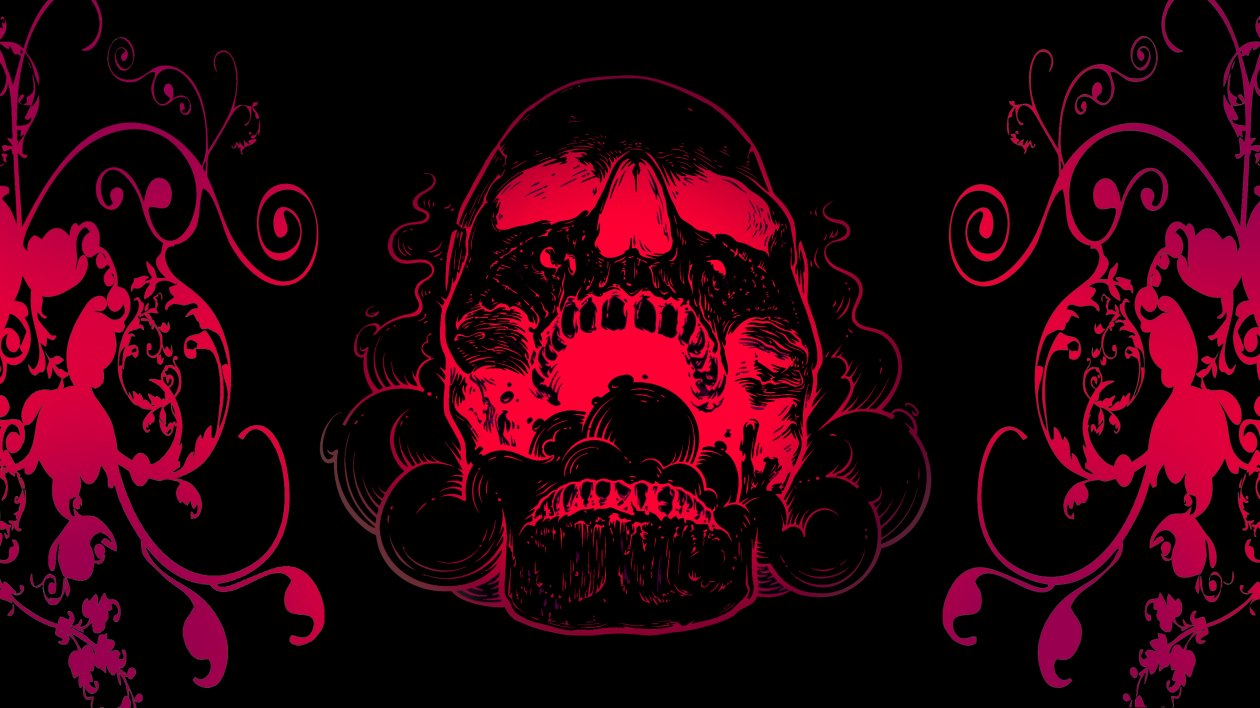 Red Skull Flowers Black Background 4k