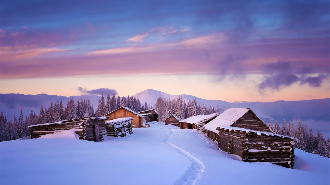 Huts Covered In Snow 4k