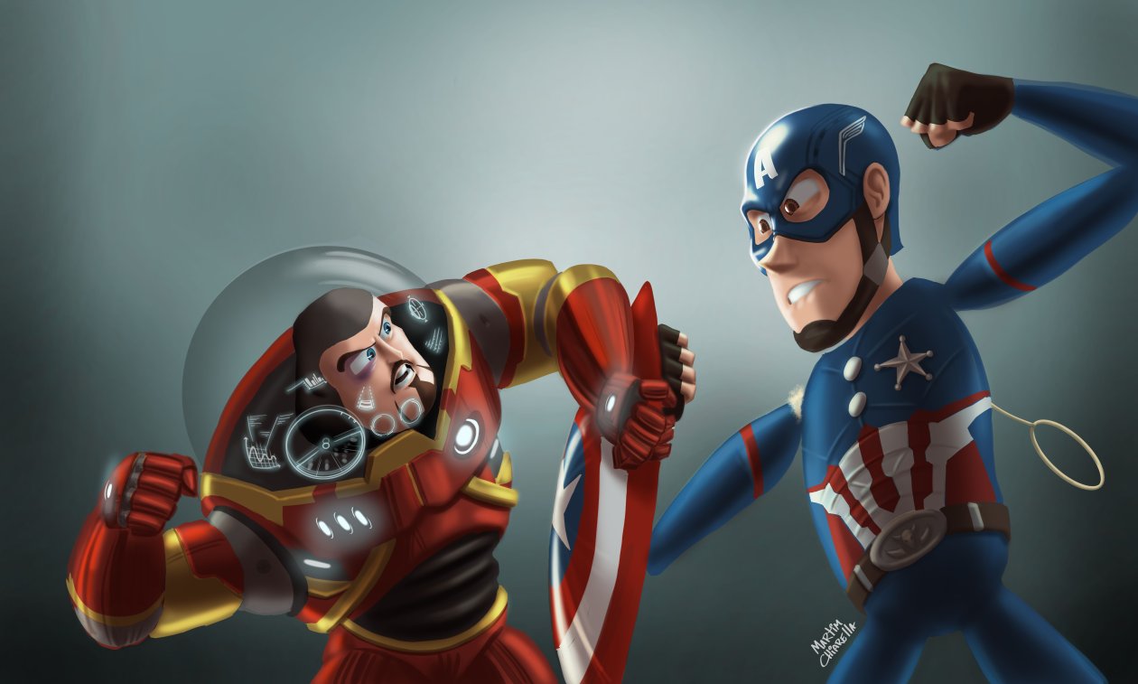 Buzz Lightyear As Iron Man And Sheriff Woody As Captain America