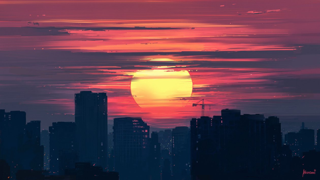 City Buildings Lunar Sunset