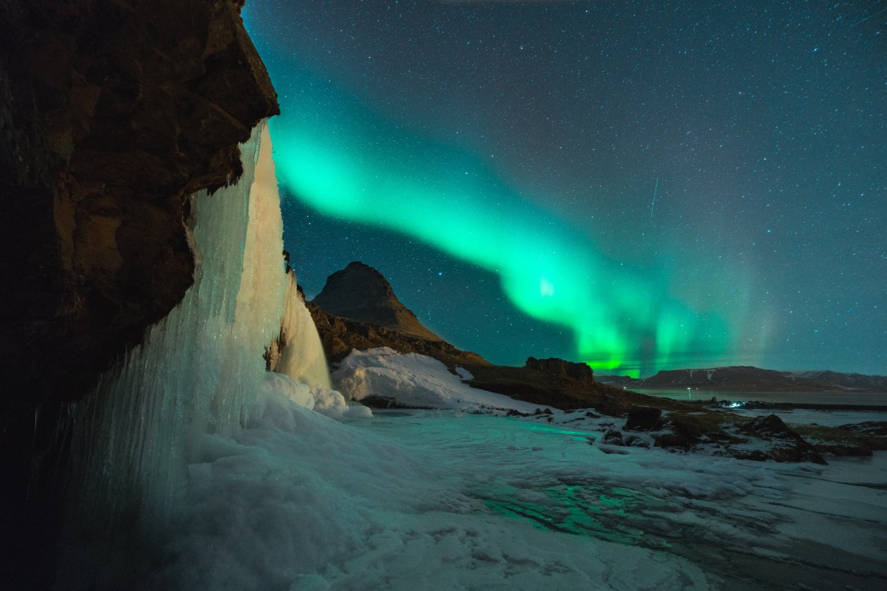Water Fall With Aurora Borealis