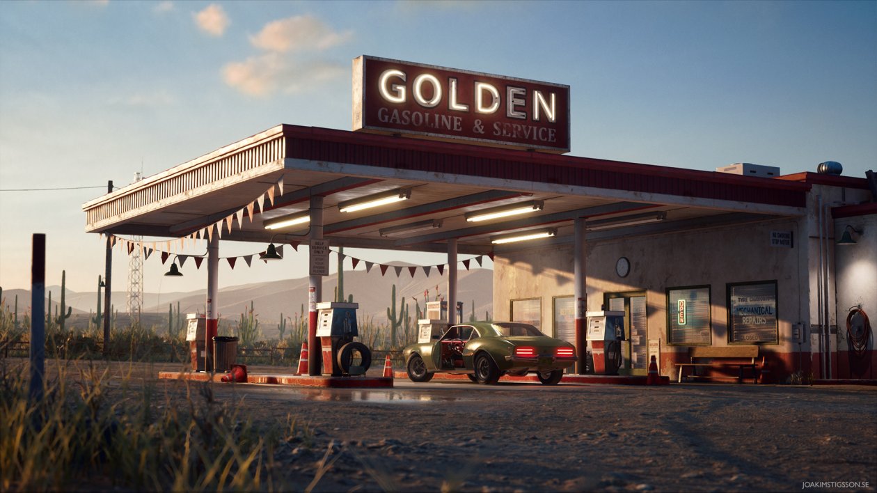 Golden Gasoline Desert Gas Station