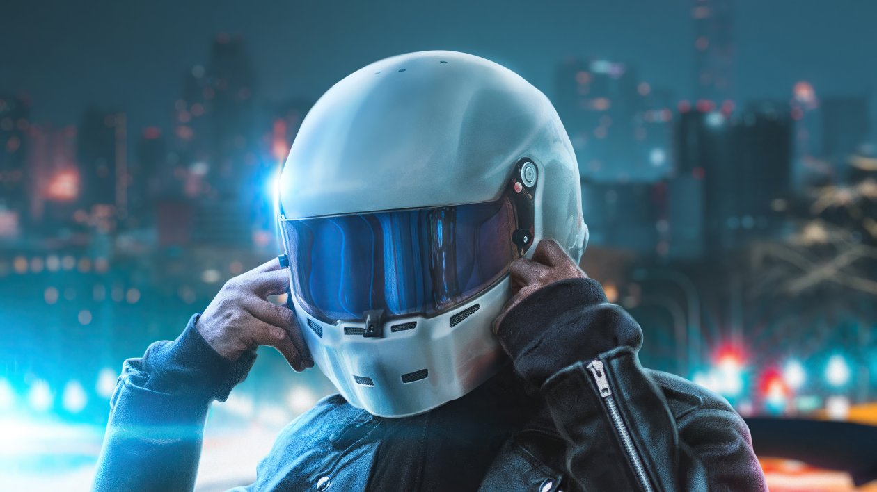 Biker Touching Helmet 4k
