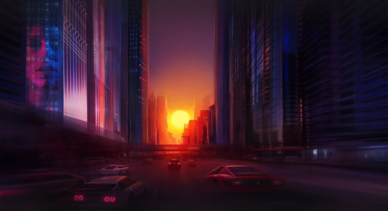 Digital Drawing City Sunset 4k