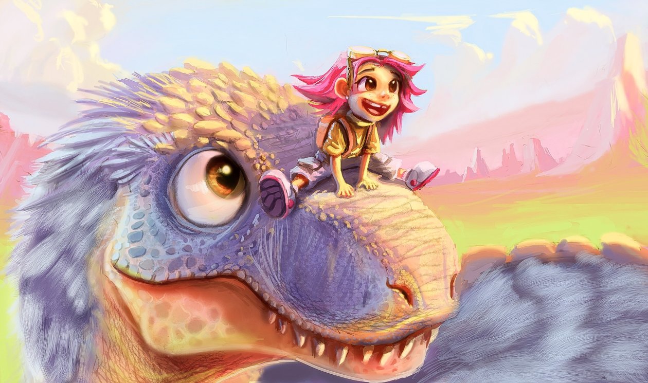 Little Boy Sitting On Dinosaur Nose