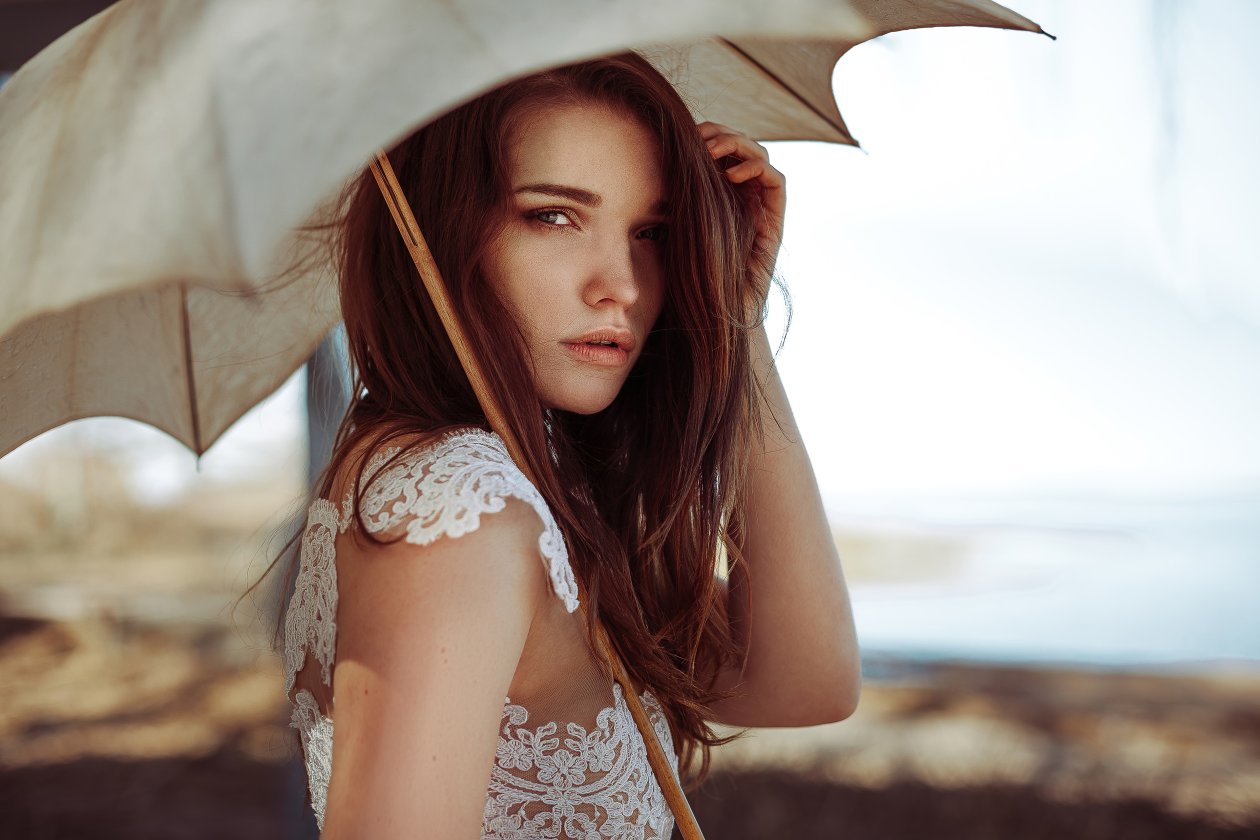 Girl White Dress Umbrella 4k