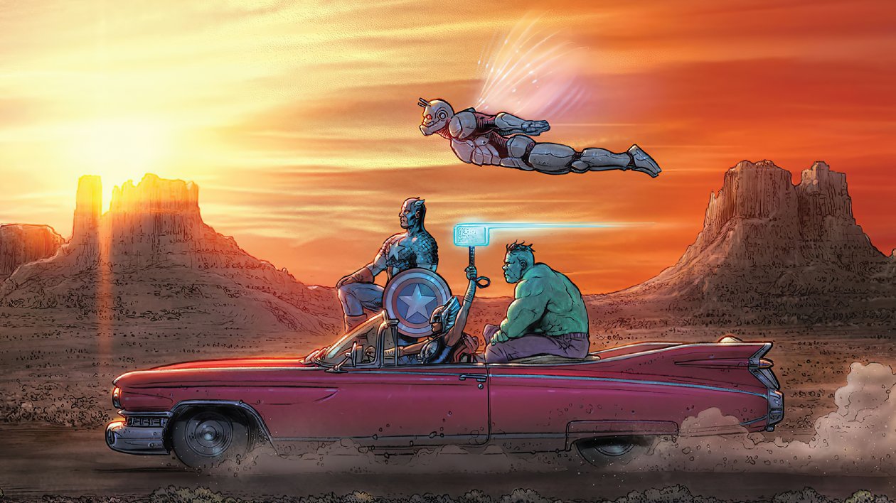 Marvel Heroes On Vintage Car