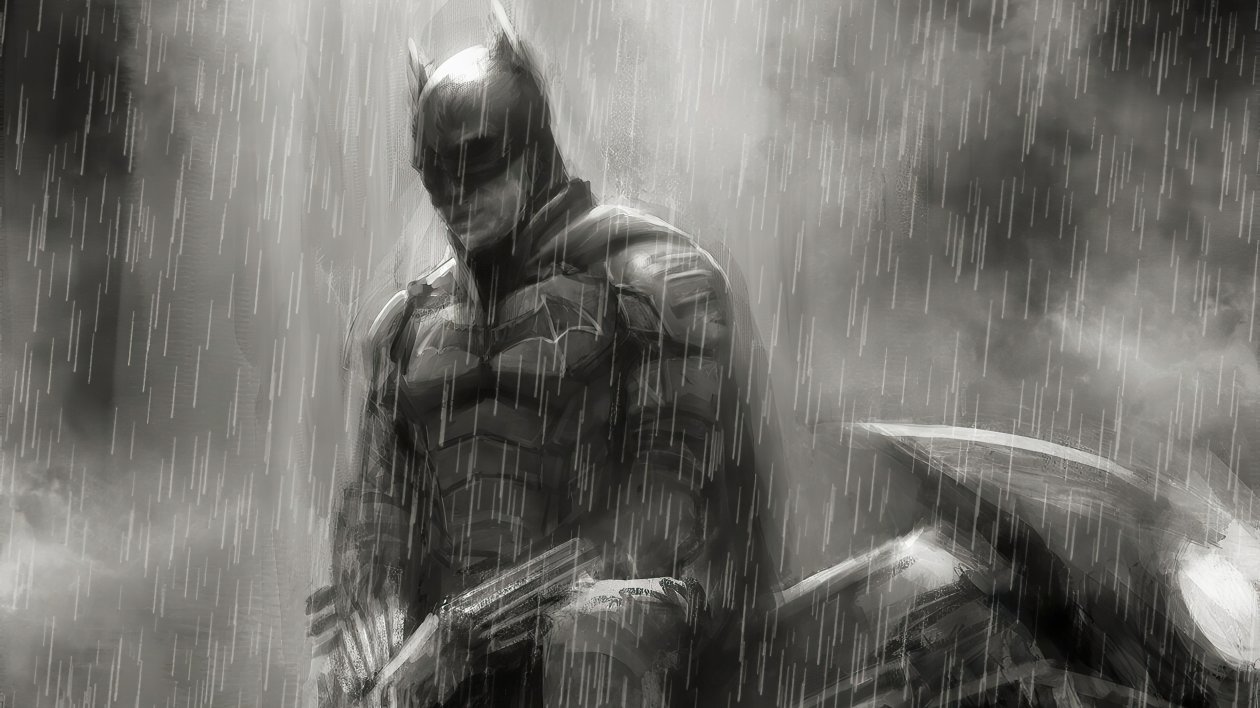 Batman With Bike Raining Monochrome