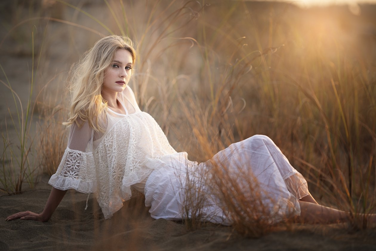 Blonde Girl Sitting White Dress 4k