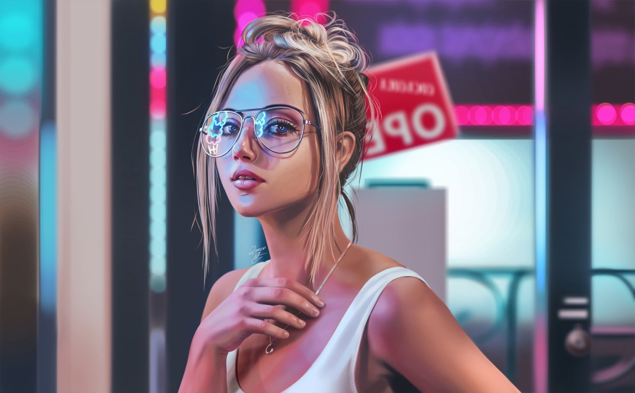 Blonde Girl Neon Digital Art 4k