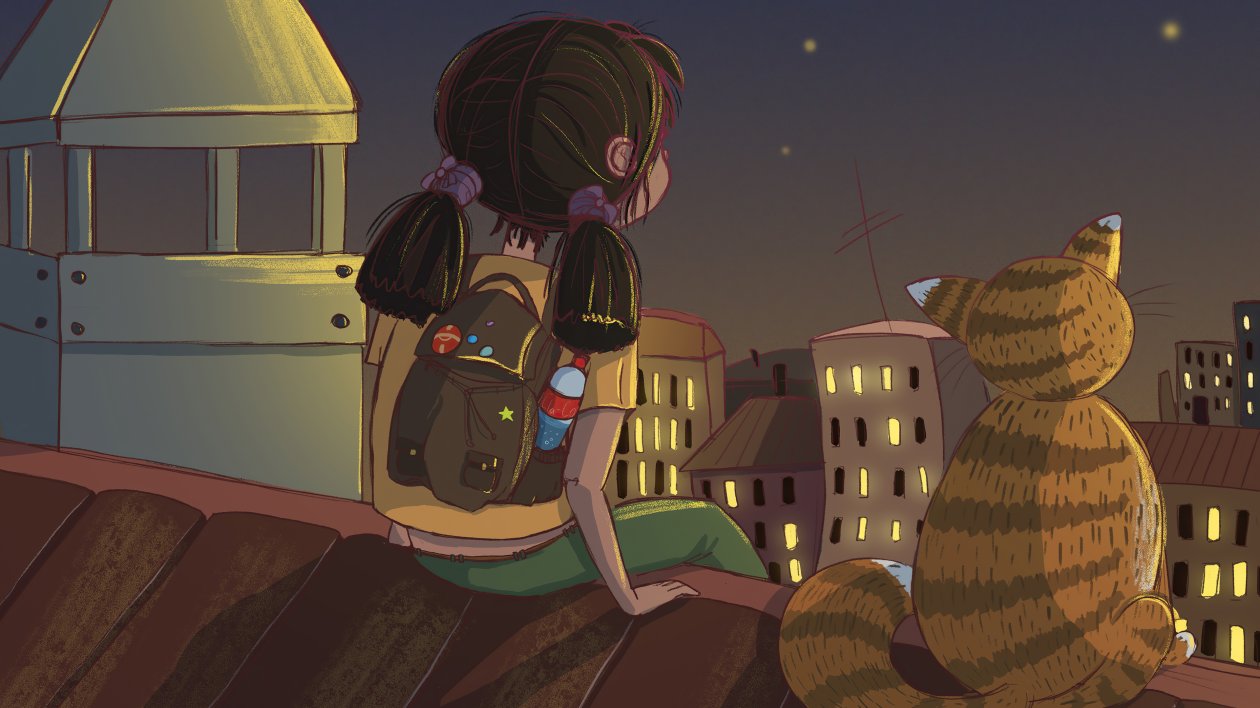 Little Girl Looking At The Stars With Cat 4k