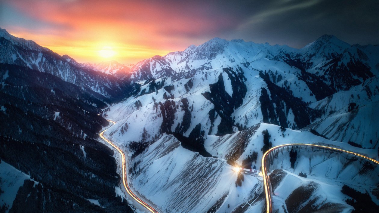 Road Snow Mountains Long Exposure 4k