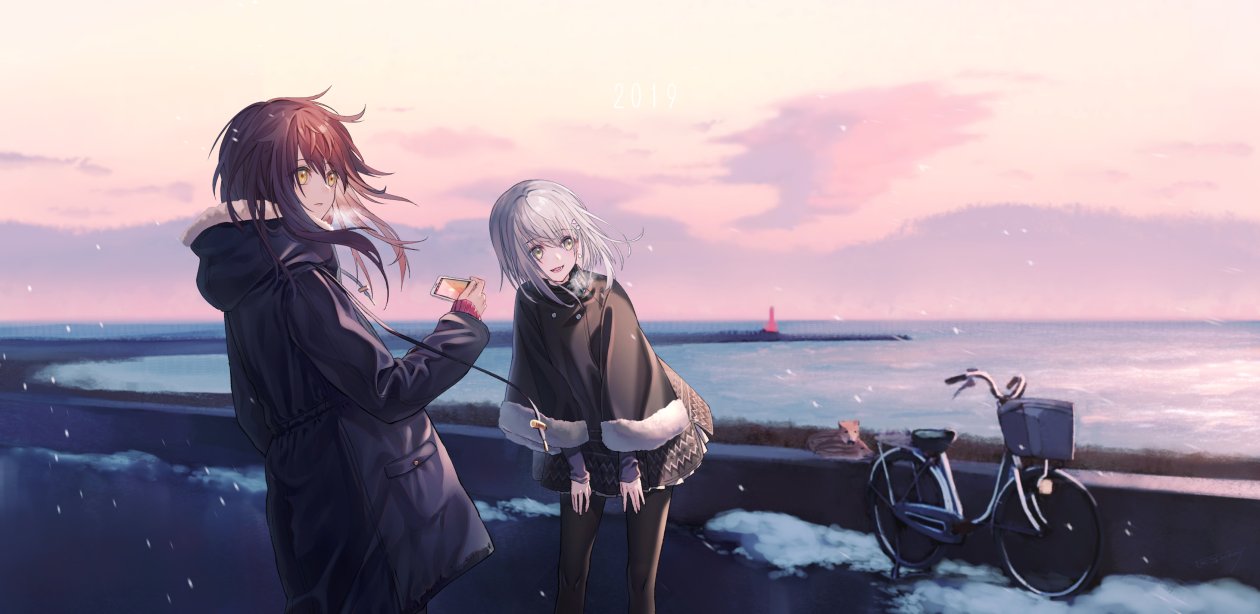 Anime Girls Bicycle Outdoors Snow