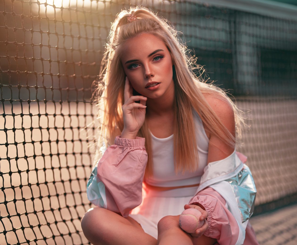 Girl Tennis Court Looking At Viewer